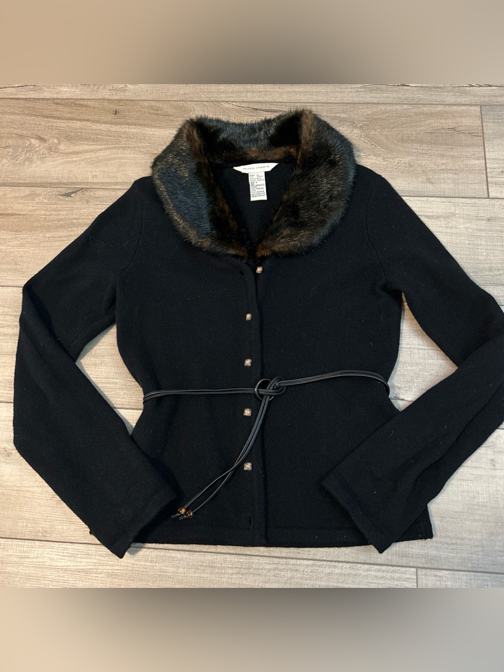 Melrose Studio Wool Cardigan Faux Fur Collar Classy Belted Witchy Goth Black Y2K
